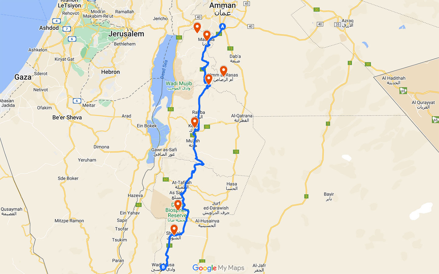 Map of the King's Highway road trip in Jordan
