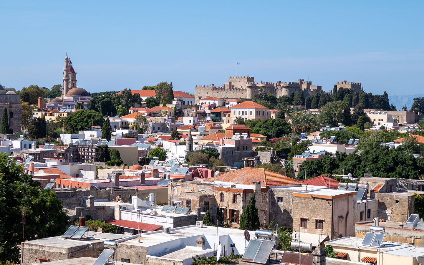 Views of the Palace of the Grand Master from the Minos Roof Garden Café terrace in Rhodes Town