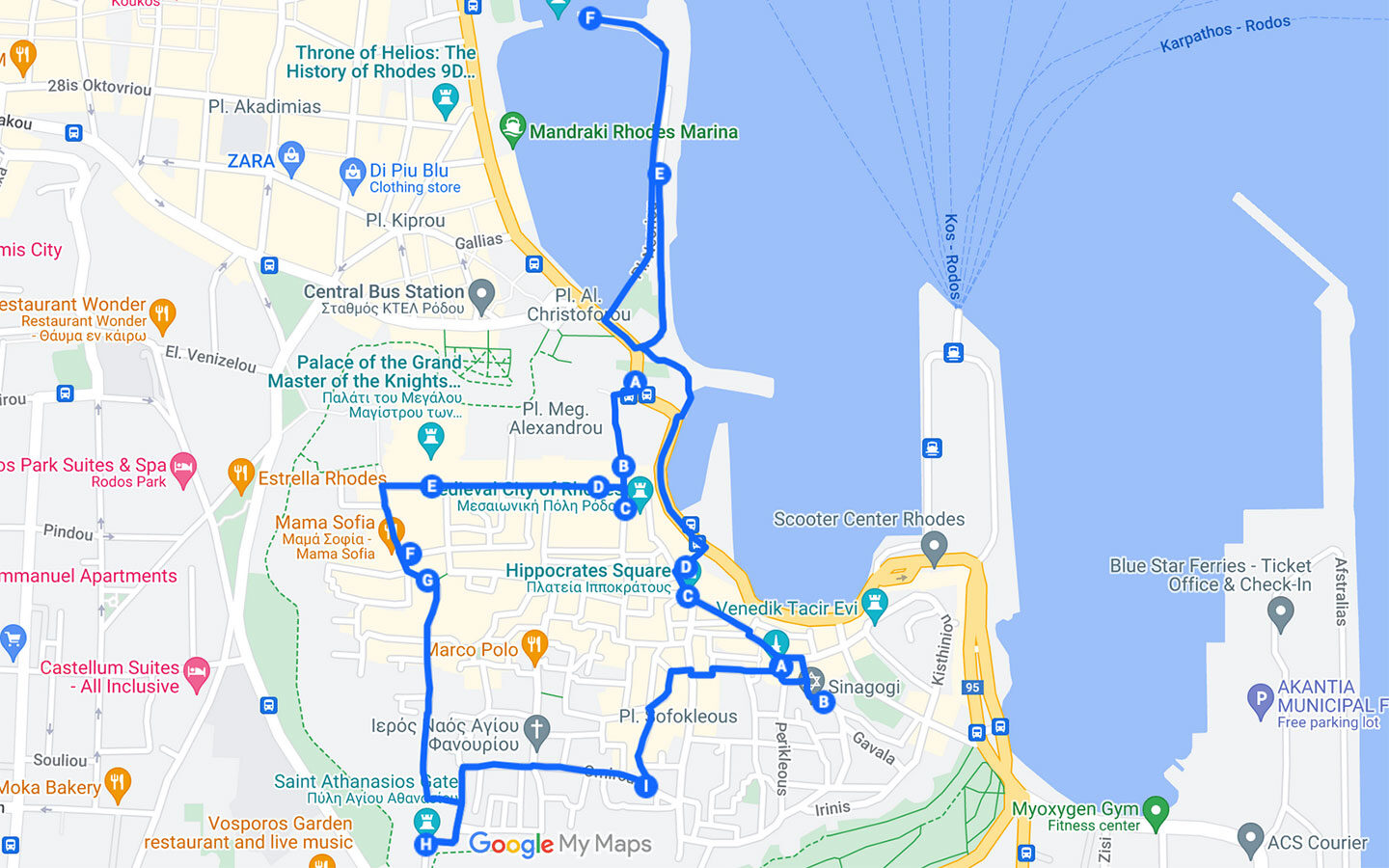 Self-guided Rhodes Old Town walking tour map