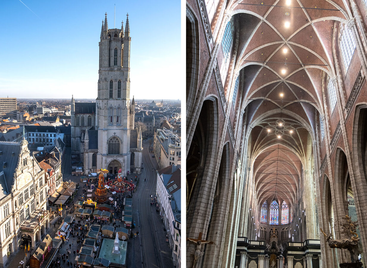 Outside and inside St Bavo's Cathedral in Ghent, Belgium