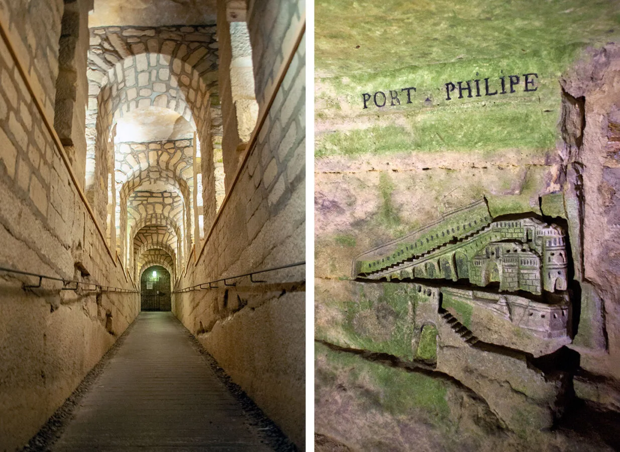 Tunnels and carvings below ground at the catacombs of Paris