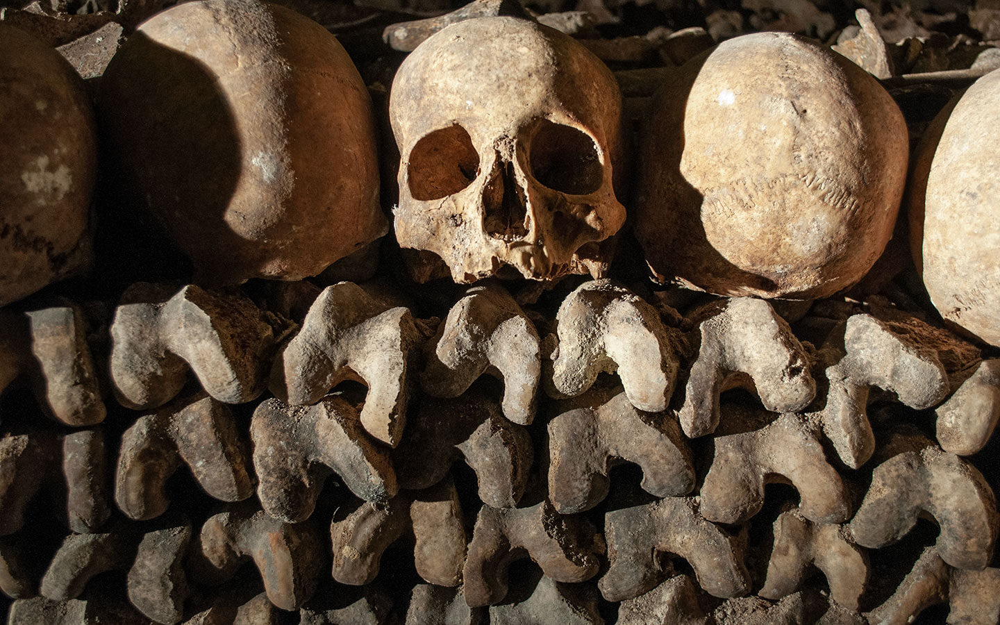 Piles of bones in the ossuary