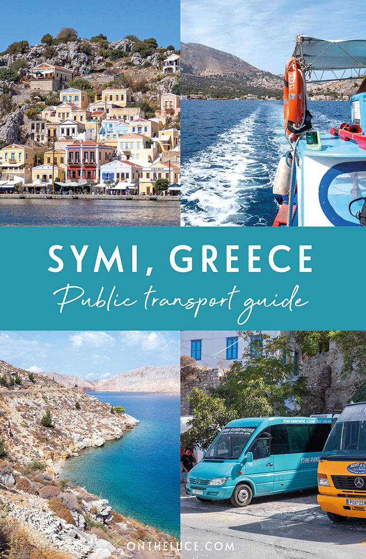 A complete guide to visiting the Greek island of Symi without a car. Learn how to get around Symi by public transport using buses and boats to explore its beaches, towns and historic monastery | Symi public transport | Symi by bus | How to get around Symi | Greek islands without a car