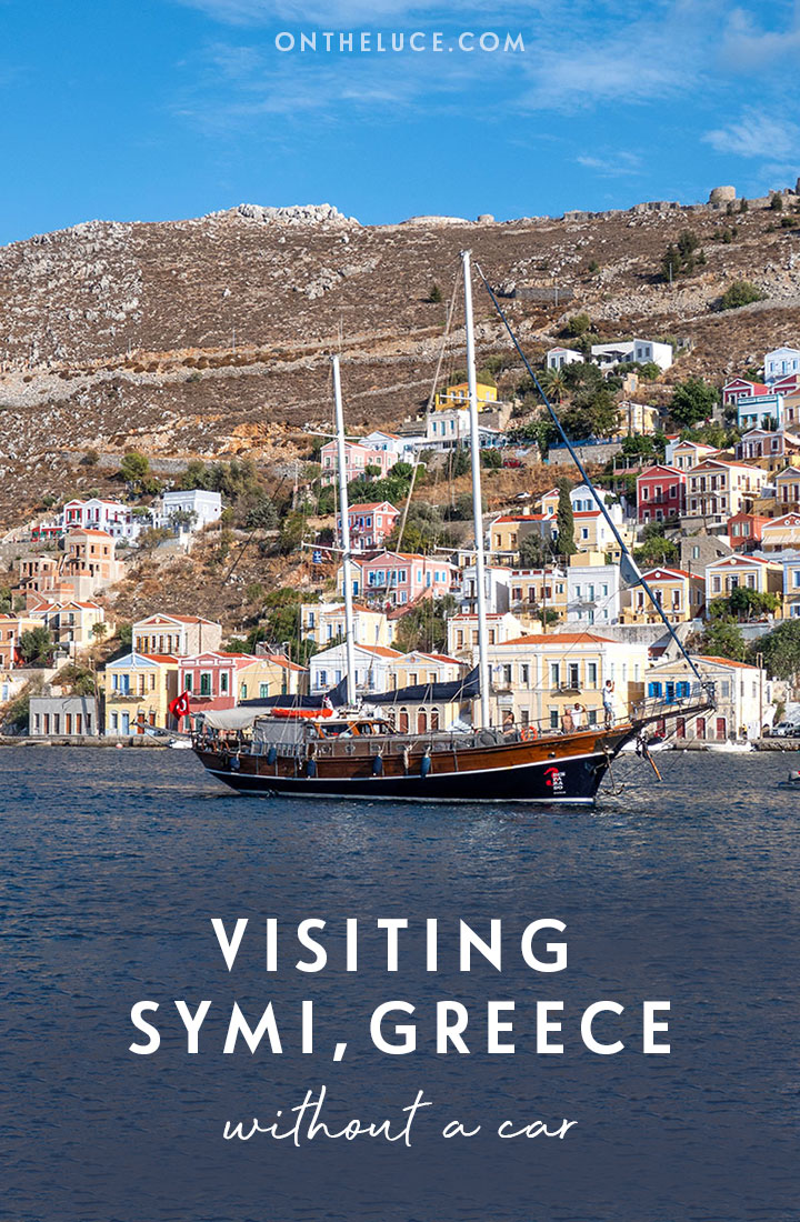 A complete guide to visiting the Greek island of Symi without a car. Learn how to get around Symi by public transport using buses and boats to explore its beaches, towns and historic monastery | Symi public transport | Symi by bus | How to get around Symi | Greek islands without a car