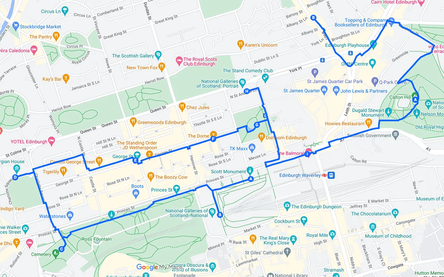 Self-guided Edinburgh New Town walking tour map