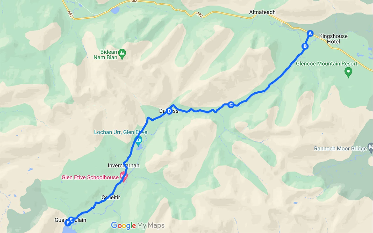 Map of driving the Glen Etive road in the Scottish Highlands