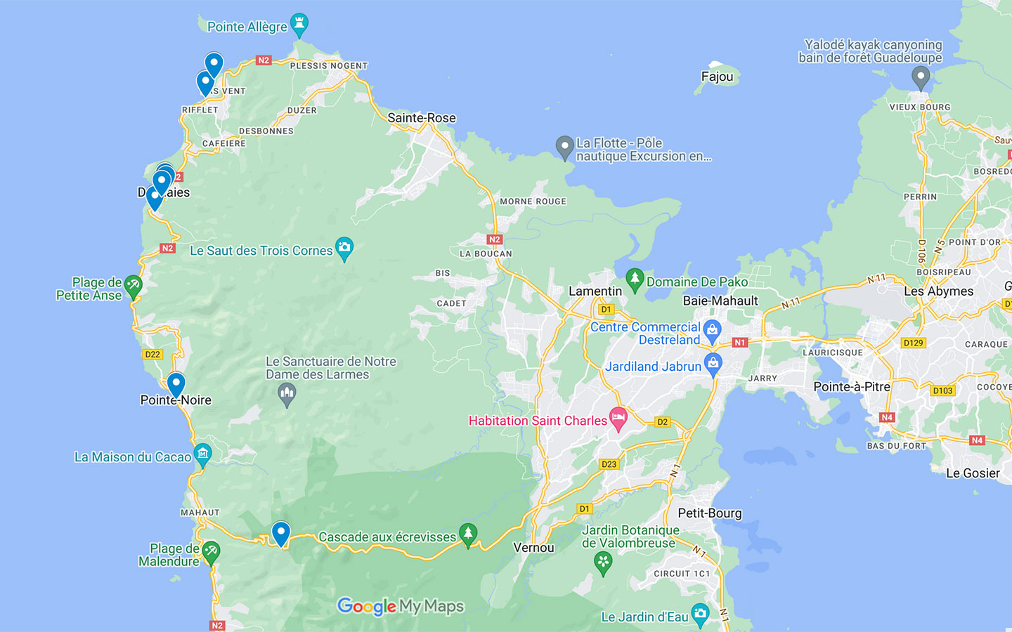 Map of Death in Paradise filming locations around Deshaies in Guadeloupe